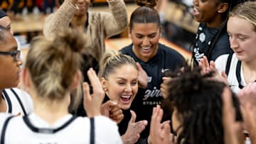Oklahoma State's Head Coach Jacie Hoyt celebrates with the team after a women  s college basketball game against Oklahoma Christian Tuesday, Oct. 31, 2023, in Stillwater, Okla. (Mitch Alcala for the Oklahoman)