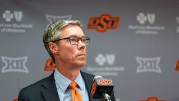 Oklahoma State Athletic Director Chad Weiberg speaks at a press conference following the firing of head football coach Mike Gundy in Stillwater, Okla., on Tuesday, Sept. 23, 2025.