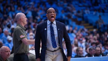Nov 11, 2025; Chapel Hill, North Carolina, USA; North Carolina Tar Heels head coach Hubert Davis calls out the play in the first half against the Radford Highlanders at Dean E. Smith Center. 