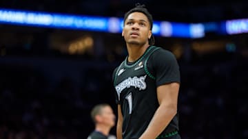 Nov 29, 2025; Minneapolis, Minnesota, USA; Minnesota Timberwolves guard Terrence Shannon Jr. (1) during a stoppage against the Boston Celtics in the fourth quarter at Target Center. Mandatory Credit: Matt Blewett-Imagn Images