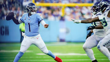 Tennessee Titans quarterback Cam Ward (1) looks to pass during the fourth quarter against the Seattle Seahawks at Nissan Stadium in Nashville, Tenn., Sunday, Nov. 23, 2025.
