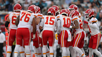 Aug 10, 2024; Jacksonville, Florida, USA; Kansas City Chiefs quarterback Patrick Mahomes (15) leads a huddle against the Jacksonville Jaguars in the first quarter during preseason at EverBank Stadium. Mandatory Credit: Nathan Ray Seebeck-Imagn Images