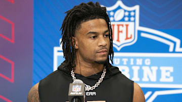 Feb 28, 2025; Indianapolis, IN, USA; Texas wideout Isaiah Bond (WO05) answers questions at a press conference during the 2025 NFL Combine at Indiana Convention Center. 