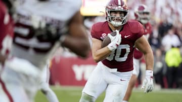 Nov 15, 2025; Tuscaloosa, Alabama, USA;  Alabama Crimson Tide tight end Josh Cuevas (80) catches a pass and runs for a touchdown against the Oklahoma Sooners at Saban Field at Bryant-Denny Stadium. 
