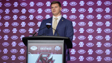 Jul 24, 2024; Charlotte, NC, USA; Boston College Eagles offensive lineman Drew Kendall speaks to the media during the ACC Kickoff at Hilton Charlotte Uptown. Mandatory Credit: Jim Dedmon-USA TODAY Sports