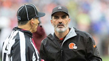 Oct 19, 2025; Cleveland, Ohio, USA; Cleveland Browns head coach Kevin Stefanski talks with line judge Tim Podraza (47) during the second quarter against the Miami Dolphins at Huntington Bank Field. Mandatory Credit: Scott Galvin-Imagn Images