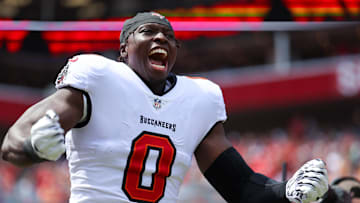 Sep 22, 2024; Tampa, Florida, USA; Tampa Bay Buccaneers linebacker Yaya Diaby (0) is introduced before a game against the Denver Broncos at Raymond James Stadium. Mandatory Credit: Nathan Ray Seebeck-Imagn Images