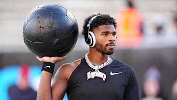 Nov 29, 2024; Boulder, Colorado, USA; Colorado Buffaloes quarterback Shedeur Sanders (2) before the game against the Oklahoma State Cowboys at Folsom Field. Mandatory Credit: Ron Chenoy-Imagn Images