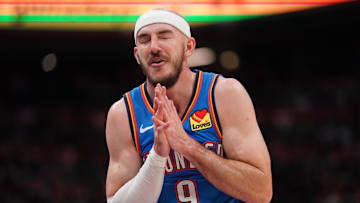 Mar 25, 2025; Sacramento, California, USA; Oklahoma City Thunder guard Alex Caruso (9) walks towards the team bench after being called for a foul against the Sacramento Kings in the fourth quarter at the Golden 1 Center. Mandatory Credit: Cary Edmondson-Imagn Images