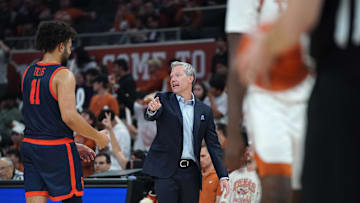 Dec 3, 2025; Austin, Texas, USA; Virginia Cavaliers head coach Ryan Odom calls to players during the second half against the Texas Longhorns at Moody Center. Mandatory Credit: Dustin Safranek-Imagn Images