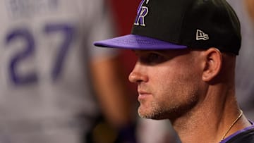 Aug 8, 2025; Phoenix, Arizona, USA; Colorado Rockies interim manager Warren Schaeffer (32) watches on from the dugout during the first inning inning against the Arizona Diamondbacks at Chase Field. 