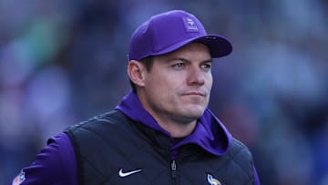 Nov 30, 2025; Seattle, Washington, USA; Minnesota Vikings head coach Kevin O'Connell looks on during warmups against the Seattle Seahawks at Lumen Field. Mandatory Credit: Kevin Ng-Imagn Images