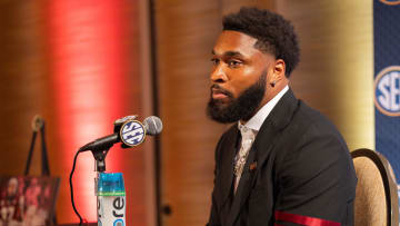 Jul 17, 2024; Dallas, TX, USA; Mississippi State linebacker John Lewis speaking at Omni Dallas Hotel. Mandatory Credit: Brett Patzke-USA TODAY Sports