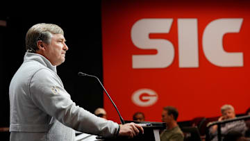 Georgia coach Kirby Smart speaks to the media on the first day of spring practice in Athens, Ga., on Tuesday, March 11, 2025.