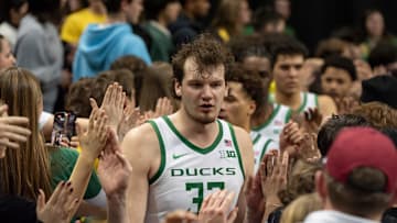 Oregon center Nate Bittle leads the Ducks through the student section after the game as the Oregon Ducks host the Indiana Hoosiers Tuesday, March 4, 2025, at Matthew Knight Arena in Eugene, Ore.