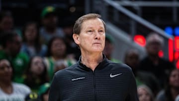 Mar 14, 2025; Indianapolis, IN, USA; Oregon Ducks head coach Dana Altman in the first half against the Michigan State Spartans at Gainbridge Fieldhouse. Mandatory Credit: Trevor Ruszkowski-Imagn Images