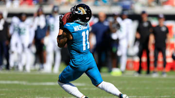 Jacksonville Jaguars wide receiver Parker Washington (11) fields a kickoff during the third quarter of an NFL football matchup, Sunday, Oct. 12, 2025, at EverBank Stadium in Jacksonville, Fla. The Seahawks defeated the Jaguars 20-12.
