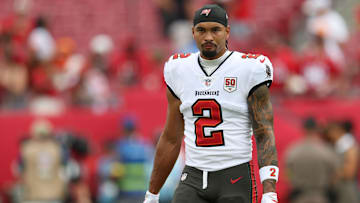 Nov 9, 2025; Tampa, Florida, USA; Tampa Bay Buccaneers wide receiver Emeka Egbuka (2) warms up before a game against the New England Patriots at Raymond James Stadium. 