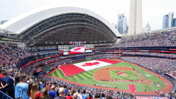 Jul 1, 2023; Toronto, Ontario, CAN; A general view of the Rogers Centre during the national anthem of Canada Day opening ceremonies before a game between the Toronto Blue Jays and Boston Red Sox.