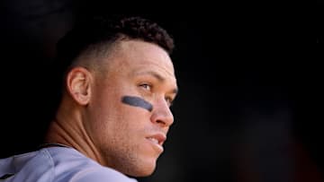 New York Yankees right fielder Aaron Judge (99) stands in the dugout against the Athletics in the seventh inning at Sutter Health Park on May 11.