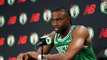 Sep 24, 2024; Boston, MA, USA; Boston Celtics guard Jaylen Brown (7) talks to reporters during media day at Auerbach Center. Mandatory Credit: David Butler II-Imagn Images
