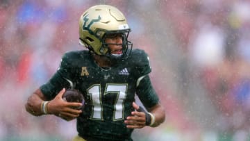 Sep 16, 2023; Tampa, Florida, USA;  South Florida Bulls quarterback Byrum Brown (17) runs with the ball against the Alabama Crimson Tide in the second quarter at Raymond James Stadium. Mandatory Credit: Nathan Ray Seebeck-USA TODAY Sports