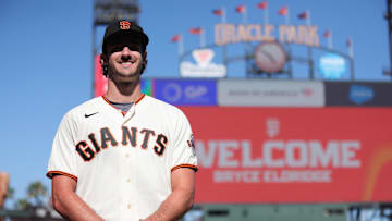 Jul 26, 2023; San Francisco, California, USA; San Francisco Giants 2023 first round draft pick Bryce Eldridge poses for a photo before the game against the Oakland Athletics at Oracle Park. 