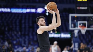 Oklahoma City Thunder forward Chet Holmgren warms up before the start of game seven of the second round against the Denver Nuggets for the 2025 NBA Playoffs at Paycom Center. 