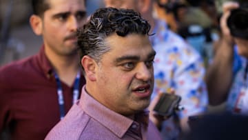 Angels general manager Perry Minasian speaks to the media during the MLB General Manager's Meetings at Omni Scottsdale Resort & Spa on Nov. 7, 2023.
