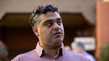 Nov 7, 2023; Scottsdale, AZ, USA; Los Angeles Angels general manager Perry Minasian speaks to the media during the MLB General Manager's Meetings at Omni Scottsdale Resort & Spa. Mandatory Credit: Mark J. Rebilas-Imagn Images