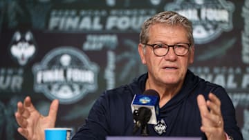 Apr 5, 2025; Tampa, FL, USA; UConn Huskies head coach Geno Auriemma talks to media before the NCAA Woman’s Final practice at Amalie Arena. Mandatory Credit: Nathan Ray Seebeck-Imagn Images