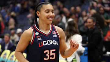 Apr 4, 2025; Tampa, FL, USA;  Connecticut Huskies guard Azzi Fudd (35) leaves the court after defeating the UCLA Bruins during the fourth quarter in a semifinal of the women's 2025 NCAA tournament at Amalie Arena. Mandatory Credit: Nathan Ray Seebeck-Imagn Images