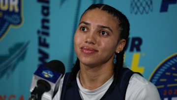 Apr 5, 2025; Tampa, FL, USA; UConn Huskies guard Azzi Fudd (35) talks to media before the NCAA Woman’s Final practice at Amalie Arena. Mandatory Credit: Nathan Ray Seebeck-Imagn Images
