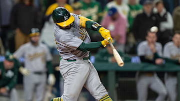 Sep 28, 2024; Seattle, Washington, USA; Oakland Athletics catcher Shea Langeliers (23) hits a three-run home run during the ninth inning against the Seattle Mariners at T-Mobile Park. Mandatory Credit: Stephen Brashear-Imagn Images
