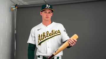 Feb 23, 2023; Mesa, AZ, USA; Oakland Athletics infielder Logan Davidson (49) poses for a portrait during spring training photo day at HoHoKam Stadium. Mandatory Credit: Allan Henry-Imagn Images