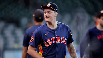 Jun 24, 2025; Houston, Texas, USA; Houston Astros starting pitcher Hunter Brown (58) prior to the game against the Philadelphia Phillies at Daikin Park.