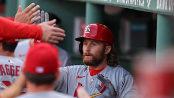 Apr 4, 2025; Boston, Massachusetts, USA; St. Louis Cardinals second baseman Brendan Donovan (33) celebrates after hitting a home run during the fifth inning against the Boston Red Sox at Fenway Park. Mandatory Credit: Paul Rutherford-Imagn Images