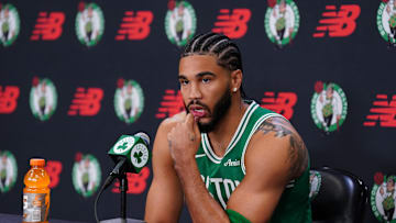 Sep 29, 2025; Boston, MA, USA;Boston Celtics forward Jayson Tatum (0) talks with reporters during media day at the Auerbach Center. Mandatory Credit: David Butler II-Imagn Images