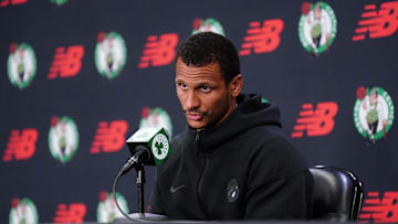 Sep 29, 2025; Boston, MA, USA; Boston Celtics head coach Joe Mazzulla talks with reporters during media day at the Auerbach Center. Mandatory Credit: David Butler II-Imagn Images
