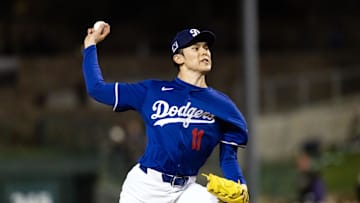 Mar 4, 2025; Phoenix, Arizona, USA; Los Angeles Dodgers pitcher Roki Sasaki against the Cincinnati Reds during a spring training game at Camelback Ranch-Glendale. Mandatory Credit: Mark J. Rebilas-Imagn Images