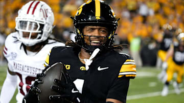 Iowa Hawkeyes wide receiver KJ Parker (1) celebrates after scoring a touchdown against the Massachusetts Minutemen Sept. 13, 2025 at Kinnick Stadium in Iowa City, Iowa.
