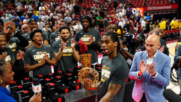 Jul 22, 2024; Las Vegas, NV, USA; Miami Heat guard Josh Christopher (53) celebrates with the NBA 2K23 Summer League MVP trophy after defeating the Memphis Grizzlies in overtime at Thomas & Mack Center. Mandatory Credit: Lucas Peltier-USA TODAY Sports