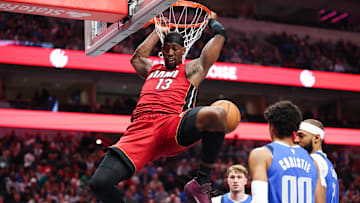 Dec 3, 2025; Dallas, Texas, USA;  Miami Heat center Bam Adebayo (13) dunks against the Dallas Mavericks during the second half at American Airlines Center. Mandatory Credit: Kevin Jairaj-Imagn Images
