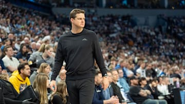 Apr 13, 2025; Minneapolis, Minnesota, USA; Utah Jazz head coach Will Hardy reacts to a call that goes the way of the Minnesota Timberwolves in the first quarter at Target Center. Mandatory Credit: Matt Blewett-Imagn Images