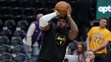 Feb 12, 2025; Salt Lake City, Utah, USA;  Los Angeles Lakers forward LeBron James (23) warms up before a game against the Utah Jazz at Delta Center. Mandatory Credit: Chris Nicoll-Imagn Images