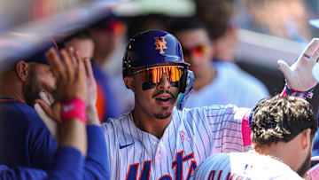 May 11, 2025; New York City, New York, USA; New York Mets third baseman Mark Vientos (27) reacts after his solo home run during the sixth inning against the Chicago Cubs at Citi Field. Mandatory Credit: Vincent Carchietta-Imagn Images