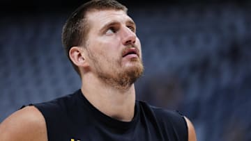 May 9, 2025; Denver, Colorado, USA; Denver Nuggets center Nikola Jokic (15) before the game against the Oklahoma City Thunder during game three of the second round for the 2025 NBA Playoffs at Ball Arena. Mandatory Credit: Ron Chenoy-Imagn Images