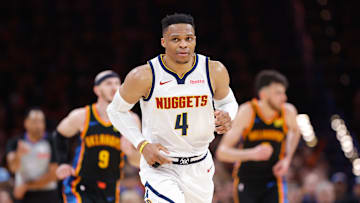 May 5, 2025; Oklahoma City, Oklahoma, USA; Denver Nuggets guard Russell Westbrook (4) runs down the court after a play against the Oklahoma City Thunder during the second half during game one of the second round for the 2025 NBA Playoffs at Paycom Center. Mandatory Credit: Alonzo Adams-Imagn Images