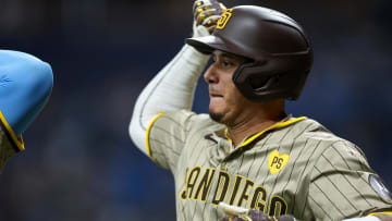 Aug 30, 2024; St. Petersburg, Florida, USA; San Diego Padres designated hitter Manny Machado (13)celebrates after hitting a three run home run against the Tampa Bay Rays in the second inning at Tropicana Field. Mandatory Credit: Nathan Ray Seebeck-USA TODAY Sports