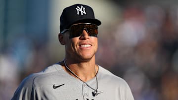 Apr 19, 2025; Tampa, Florida, USA; New York Yankees right fielder Aaron Judge (99) looks on against the Tampa Bay Rays in the eighth inning at George M. Steinbrenner Field. Mandatory Credit: Nathan Ray Seebeck-Imagn Images